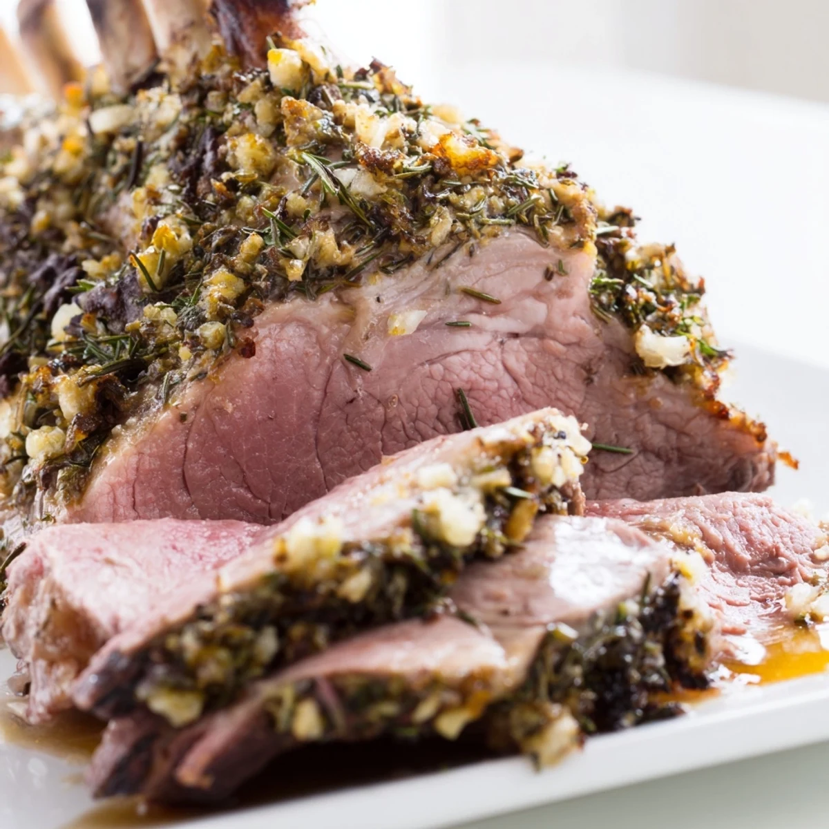 Freshly carved Roasted Leg of Lamb with Anchovy and Rosemary, garnished with lemon zest and a drizzle of reduced pan sauce.