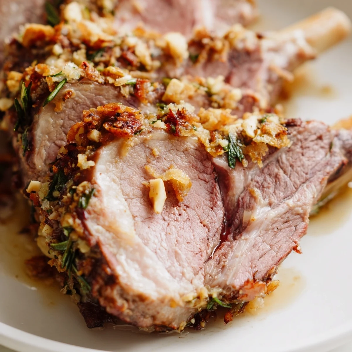 Sliced Roasted Leg of Lamb with Anchovy and Rosemary, served medium-rare on a white platter with roasted vegetables.