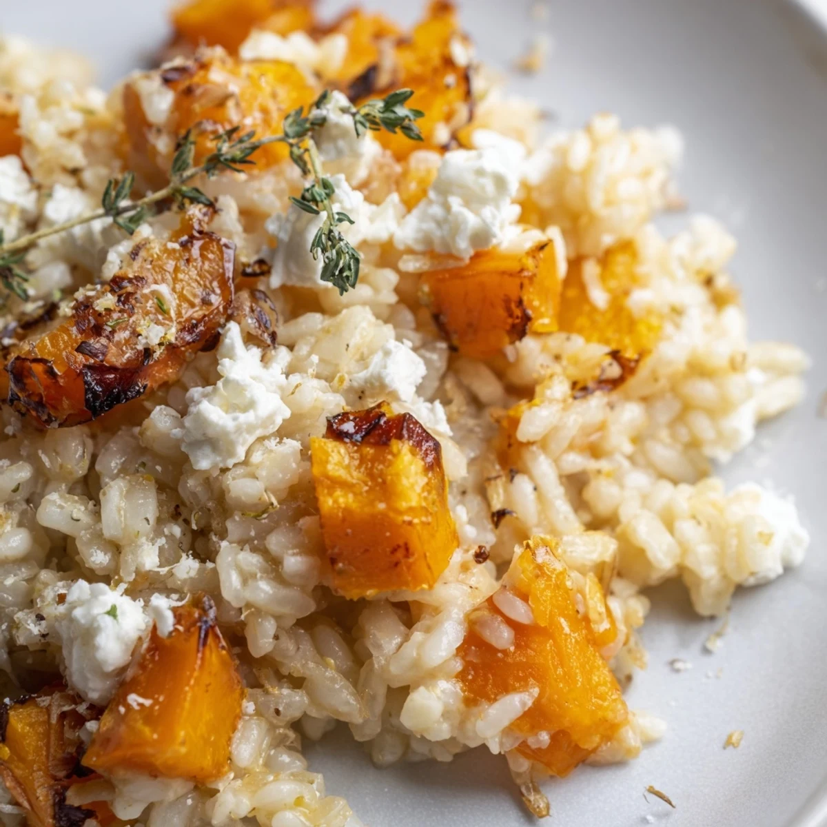 Golden-brown Butternut Squash and Goat Cheese Risotto served warm in a white bowl, garnished with fresh thyme.