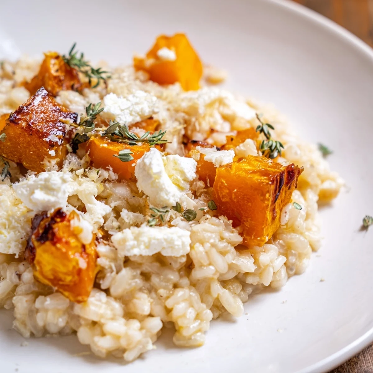 Hearty Butternut Squash and Goat Cheese Risotto in a skillet, ready to serve with a glass of wine.