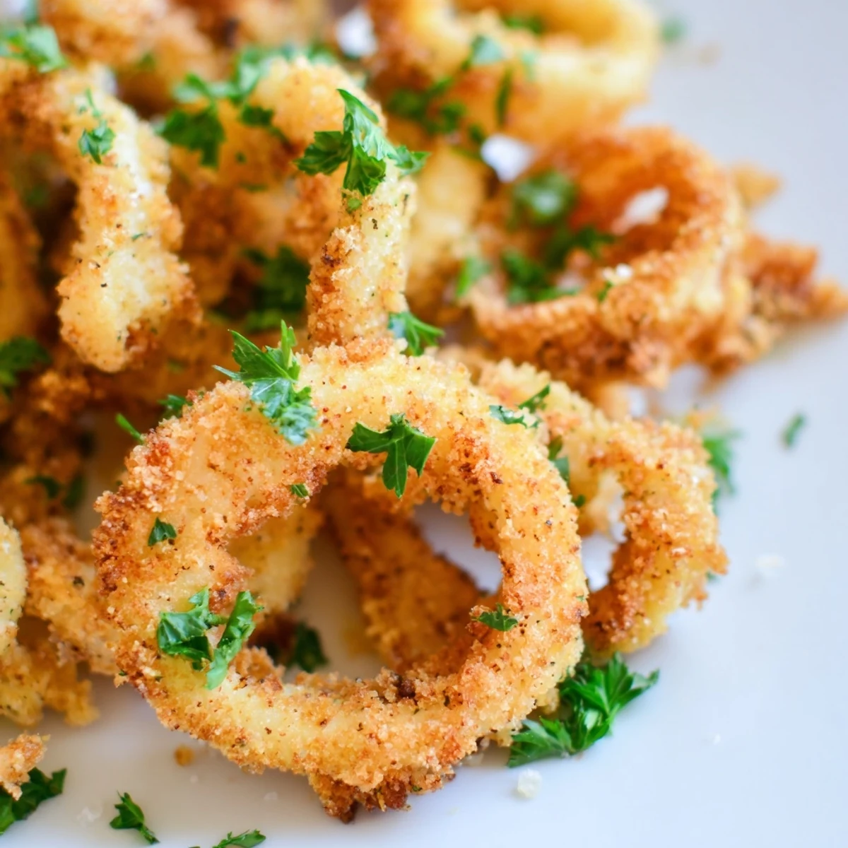 Golden-brown Crispy Calamari Rings with Lemon Wedge arranged on a plate, ready to serve as a shareable Mediterranean appetizer.
