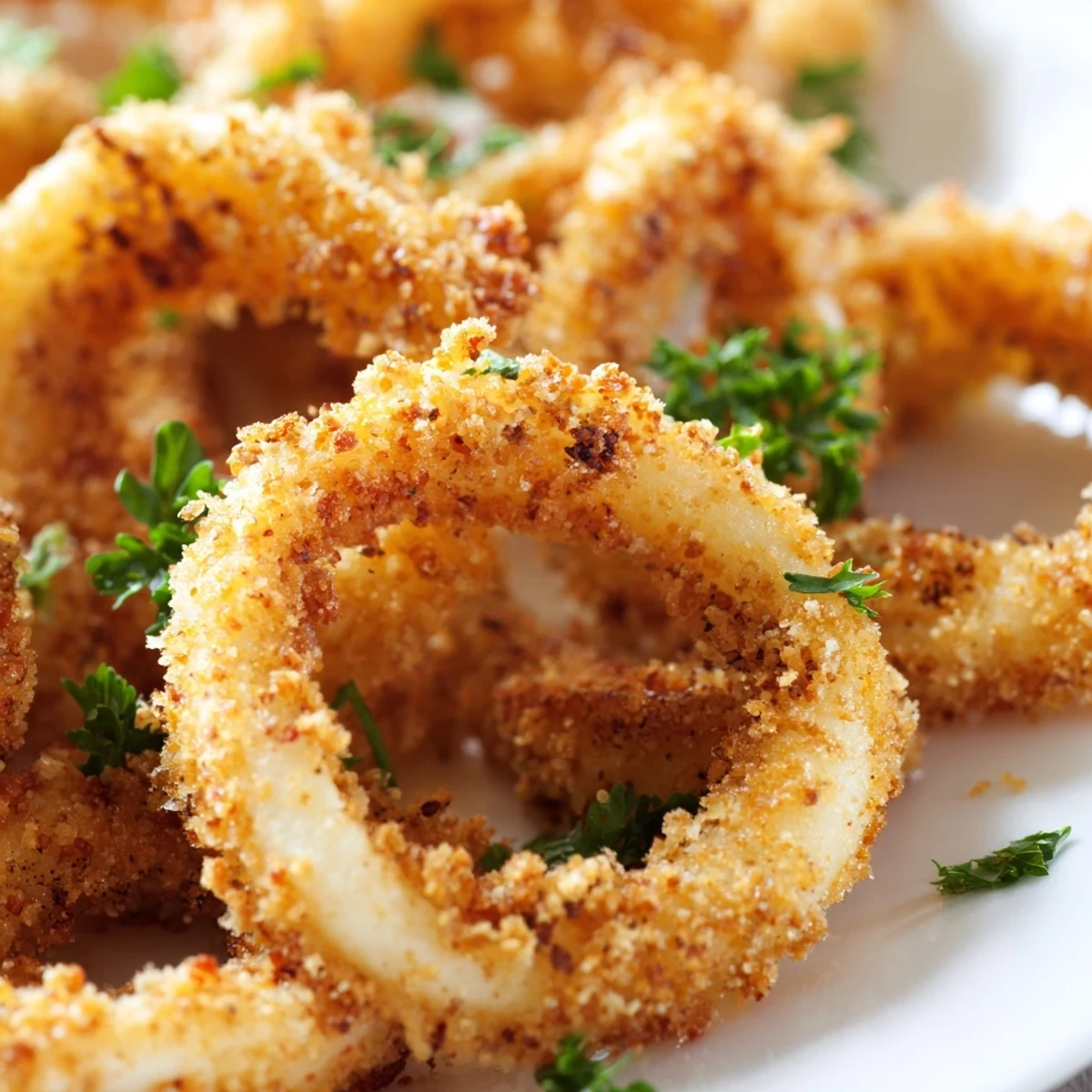 A close-up of Crispy Calamari Rings with Lemon Wedge showing crunchy breading and fresh lemon, ideal for dipping in aioli.