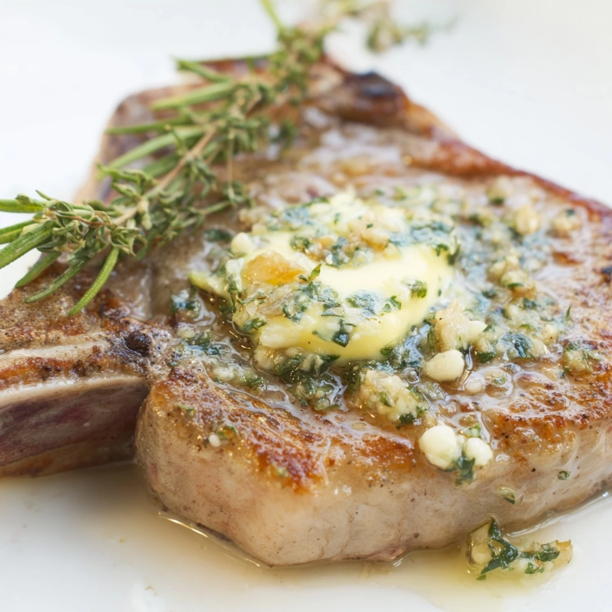 Roasted Lamb Chops with Garlic Butter rest pink and juicy, topped with melting garlic butter on a rustic platter.