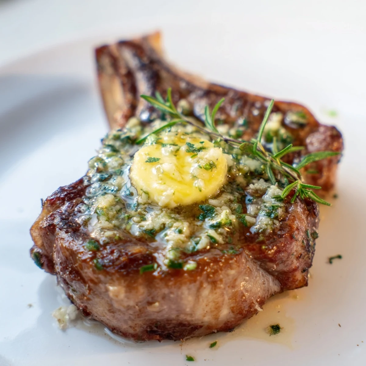 Elegant Roasted Lamb Chops with Garlic Butter plated with roasted veggies and a glass of red wine for dinner.