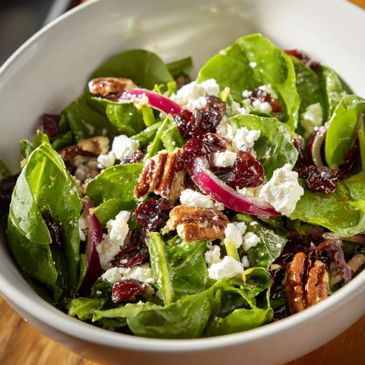 Fresh mixed greens, toasted pecans, dried cranberries, and feta tossed in a tangy vinaigrette.