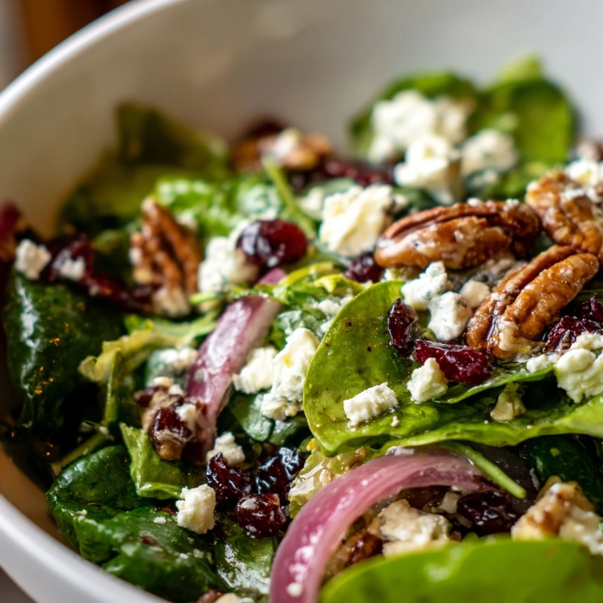 Close-up of Cranberry Pecan Salad with Vinaigrette, showcasing crisp lettuce, sweet cranberries, and crumbled feta.