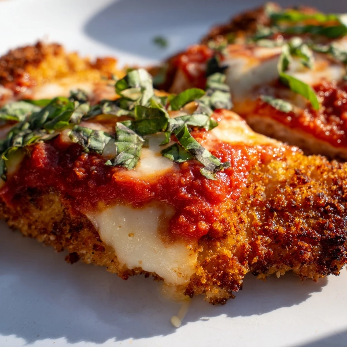 Golden, crispy baked chicken breasts topped with bubbly marinara and melted mozzarella cheese, served on a dinner plate.