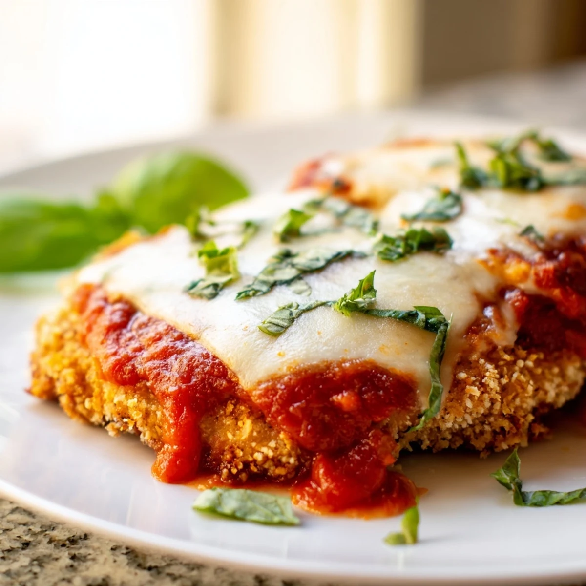 Baked Chicken Parmesan with Marinara plated with spaghetti and fresh basil, showcasing a hearty Italian-American family meal.
