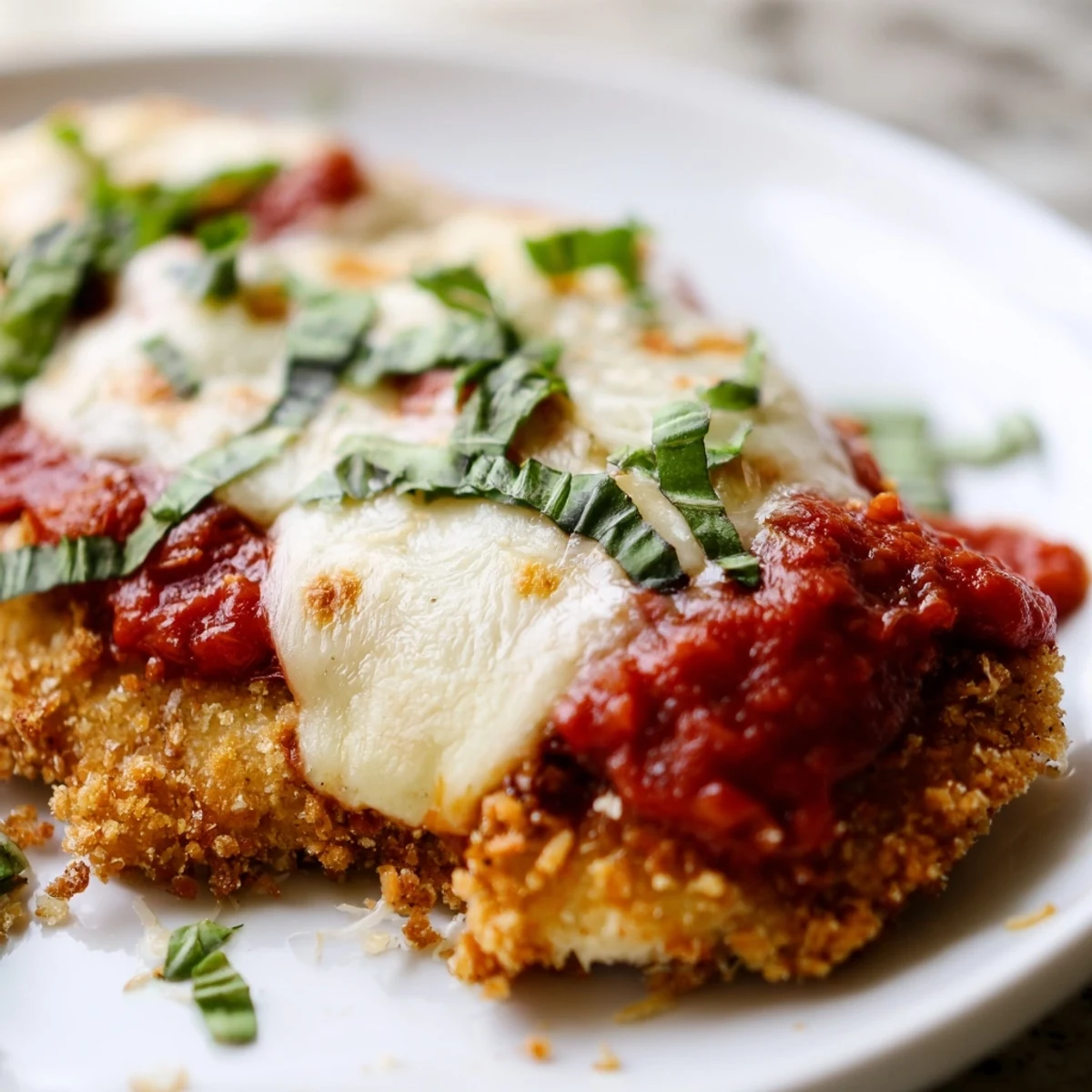 Freshly baked Baked Chicken Parmesan with Marinara on a white plate, garnished with chopped parsley and melted cheese.