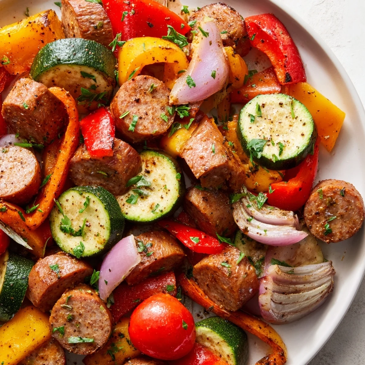 Serve this Sheet Pan Halal Sausage and Veggies over fluffy quinoa, garnished with fresh parsley for a vibrant weeknight dinner.