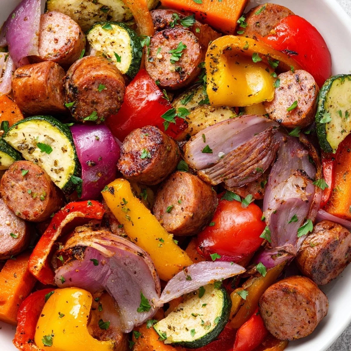 Golden brown halal sausage slices and tender zucchini, carrots, and tomatoes make up this Sheet Pan Halal Sausage and Veggies meal.