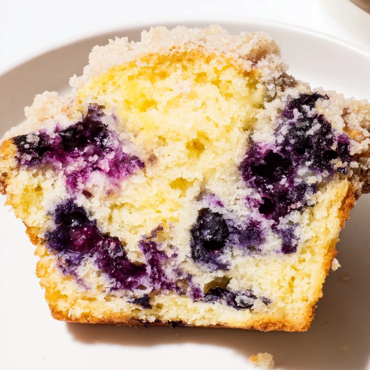 Golden-brown Lemon Blueberry Muffins with Streusel reveal juicy blueberries and bright zest.