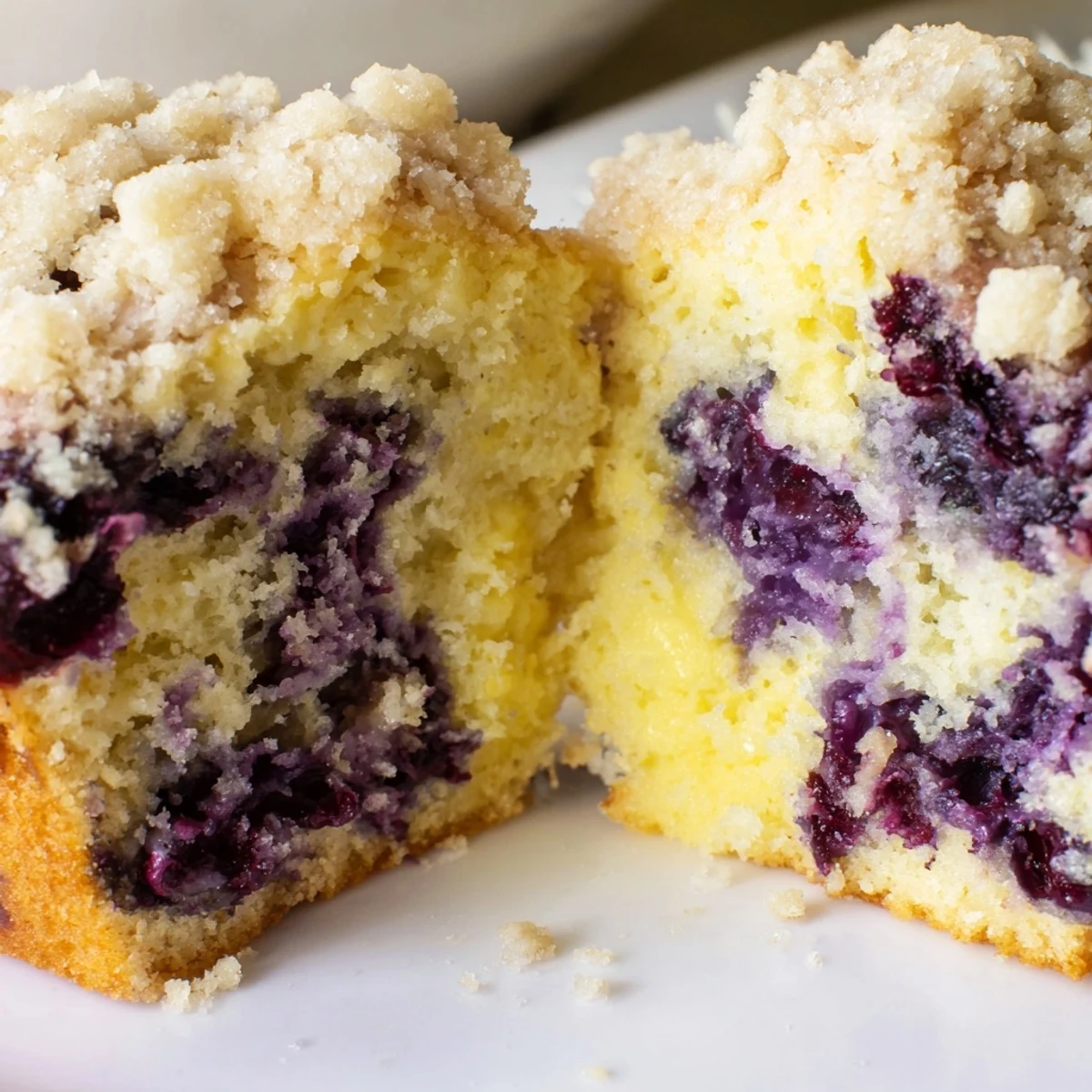 A close-up of Lemon Blueberry Muffins with Streusel shows crumbly topping on fluffy muffins.