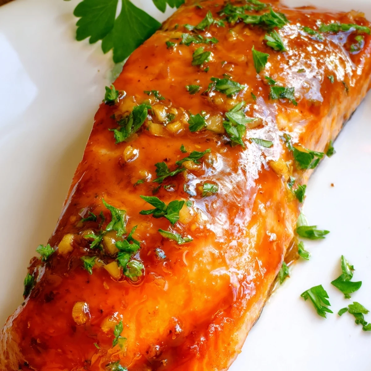 Juicy baked salmon fillets with a sticky honey garlic glaze, garnished with fresh parsley and served with lemon wedges.