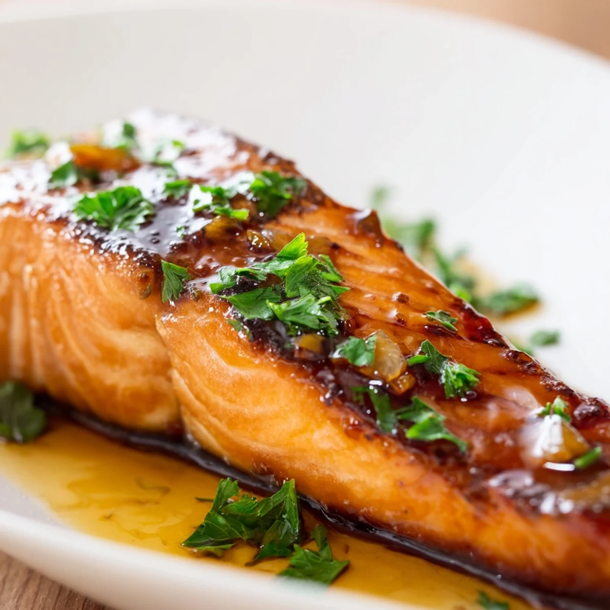 Perfectly baked salmon with honey garlic glaze rests beside roasted asparagus, showcasing a caramelized, glossy finish.