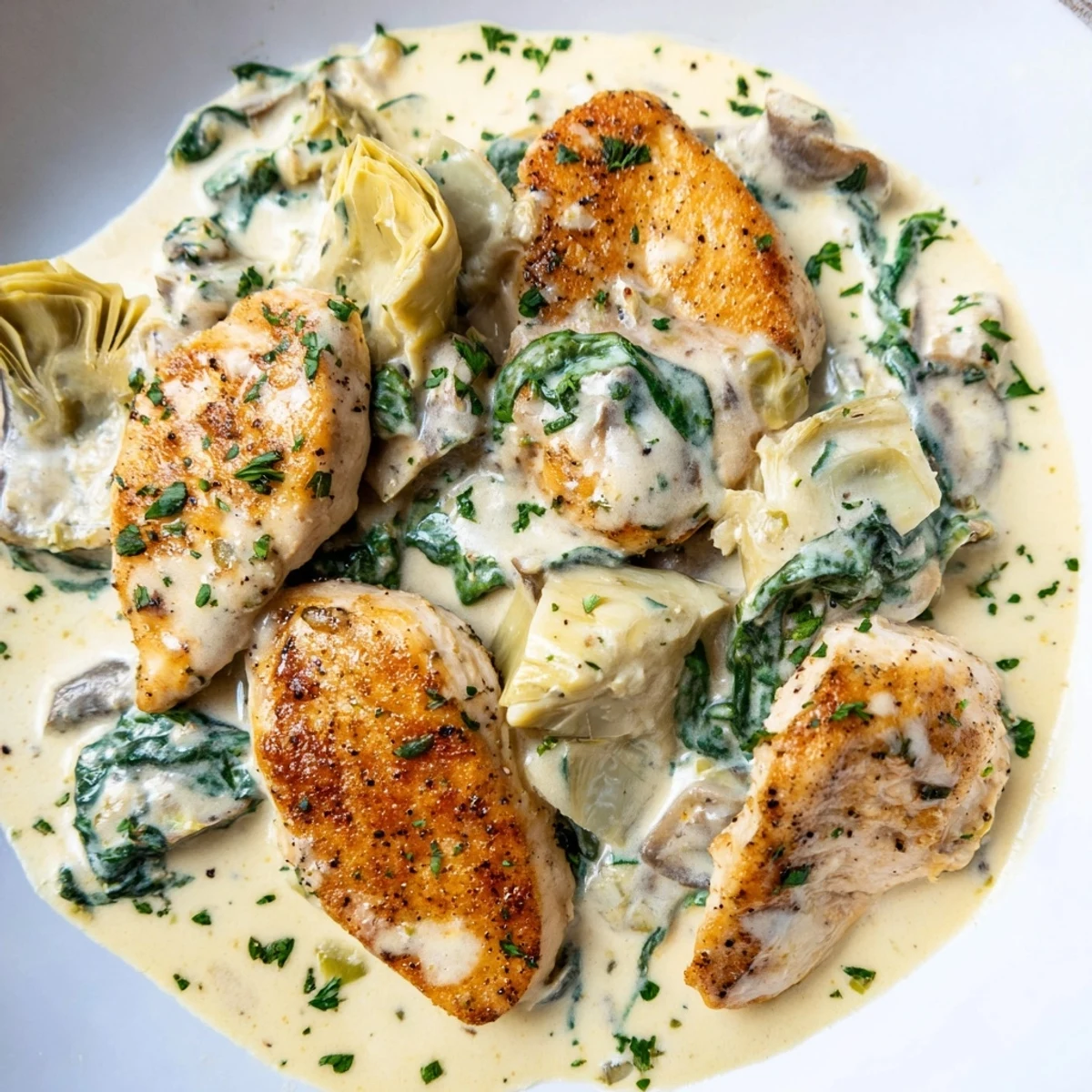 Golden-brown chicken breasts simmer in a creamy spinach and artichoke sauce, garnished with fresh parsley in a skillet.