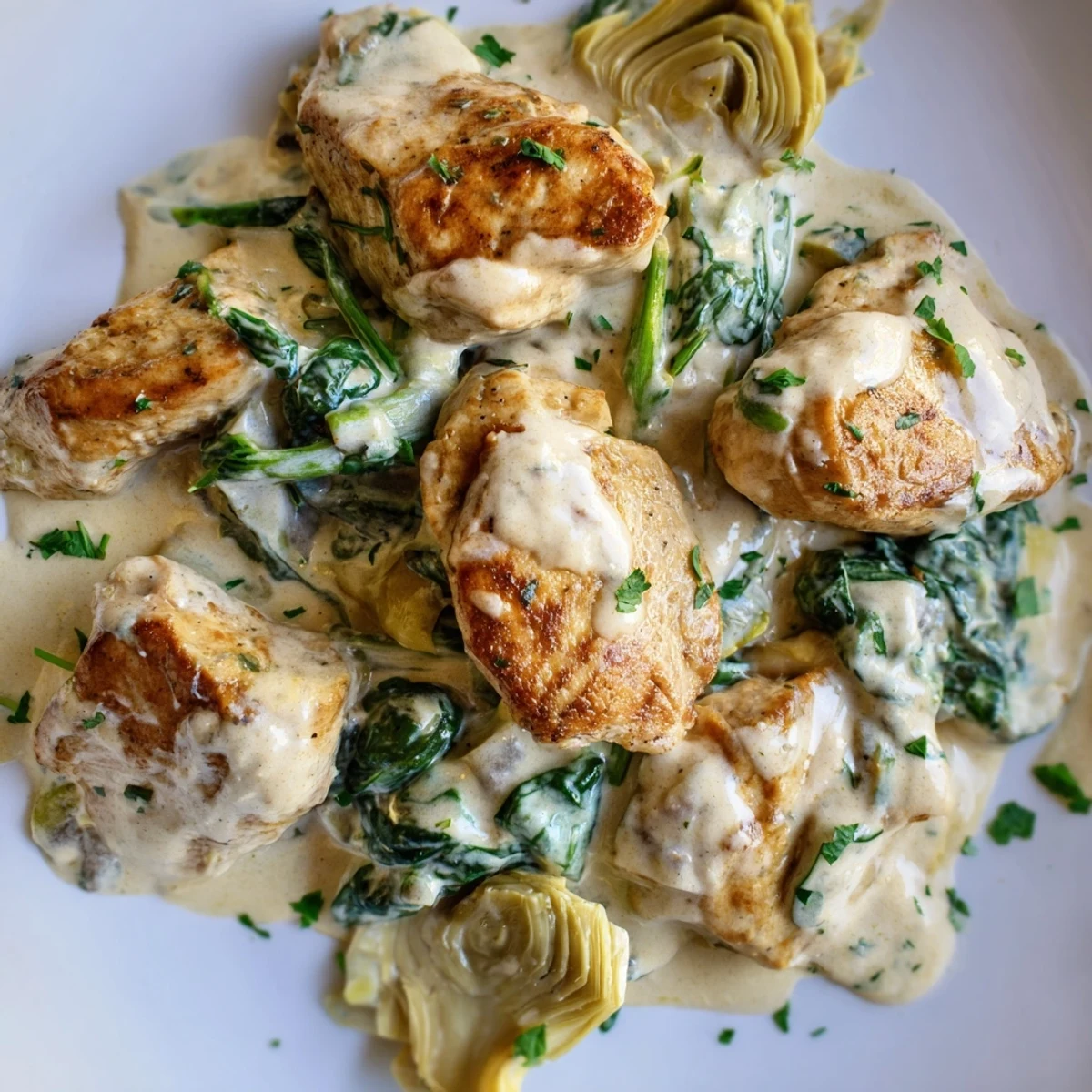 Sliced chicken breast resting in a rich spinach and artichoke sauce, served hot with a golden crust in a skillet.