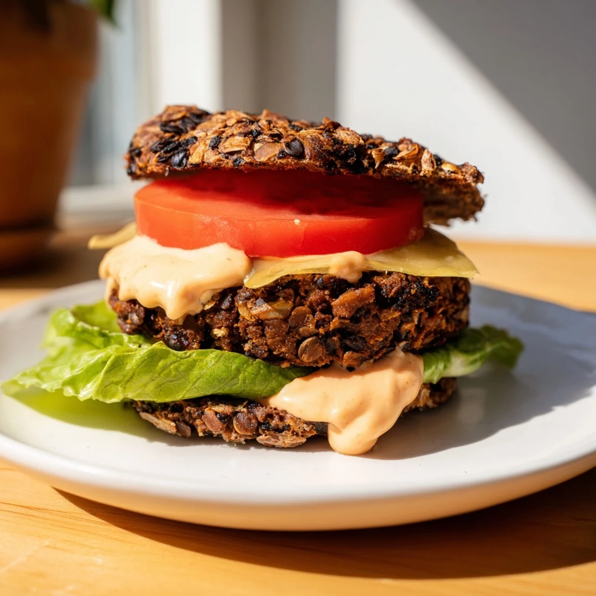 Assembled Vegan Black Bean Burgers on toasted buns with fresh lettuce, tomato, and onion.