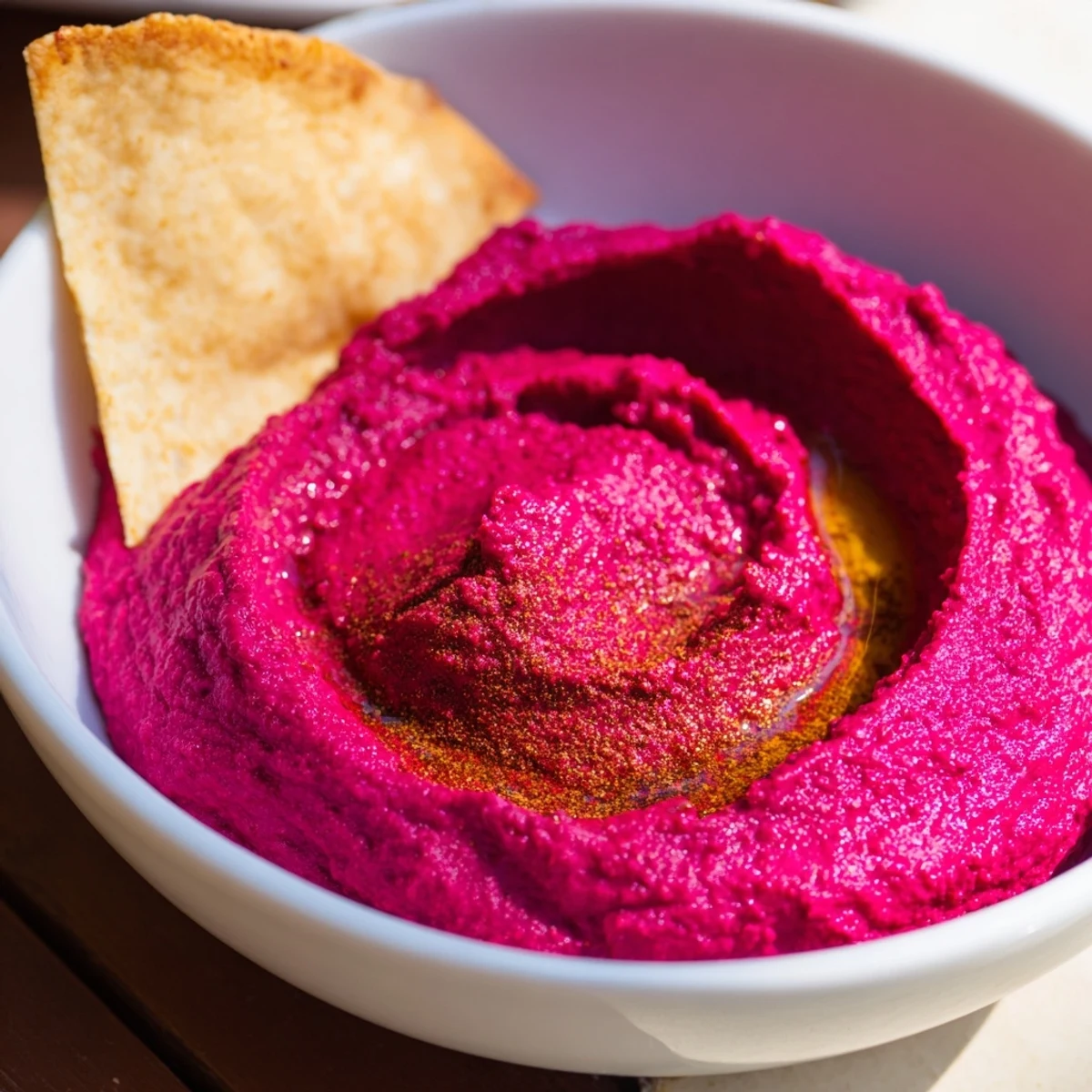 A vibrant bowl of Roasted Beet Hummus topped with olive oil and paired with crisp, golden pita chips for dipping.