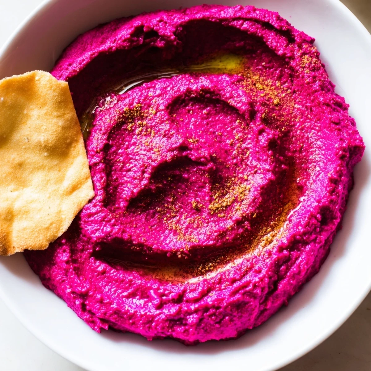 Freshly baked pita chips surround a creamy, bright pink Roasted Beet Hummus, perfect for a healthy vegan snack.