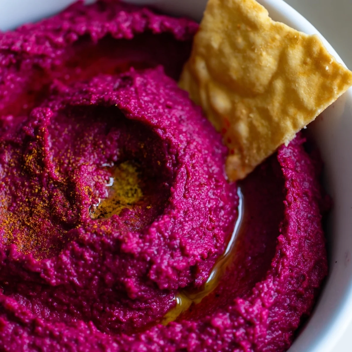 Serving suggestion for Roasted Beet Hummus with crunchy pita chips, ideal for a colorful appetizer platter.