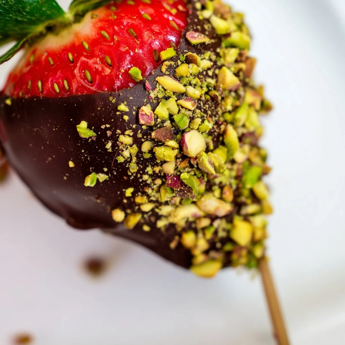 Freshly dipped strawberries with nuts on a chocolate coated dessert platter with stems for serving.