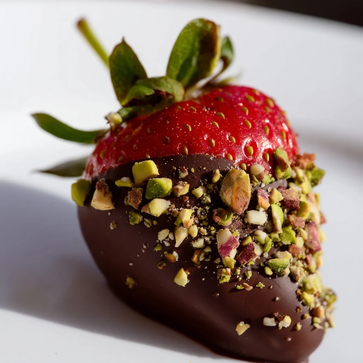 Close-up of chocolate dipped strawberries with nuts on a baking sheet showing juicy red berry texture.