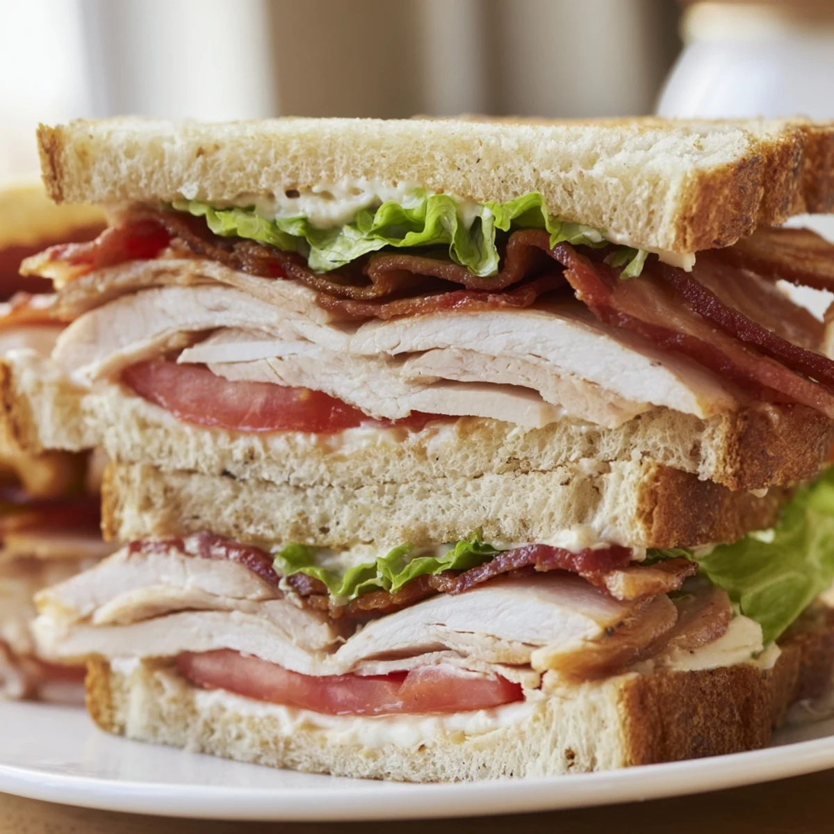 Golden toasted bread layered with roasted turkey, crisp beef bacon, juicy tomato, and lettuce with creamy mayo.