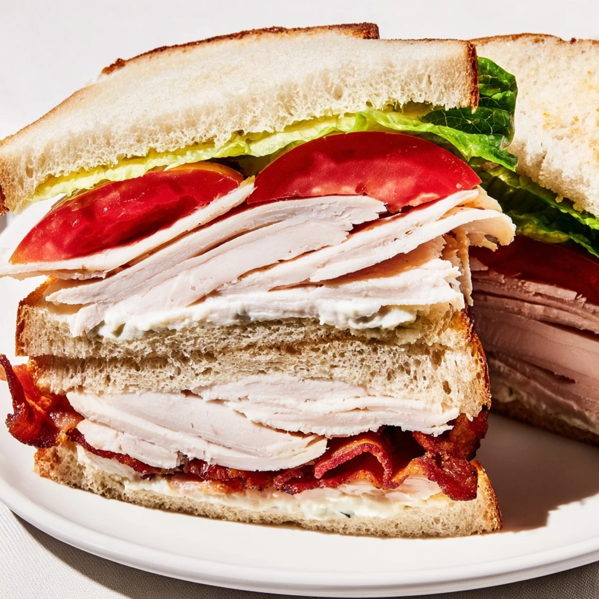 Hearty Turkey Club Sandwich with Beef Bacon cut into halves, served with crunchy potato chips and pickles.