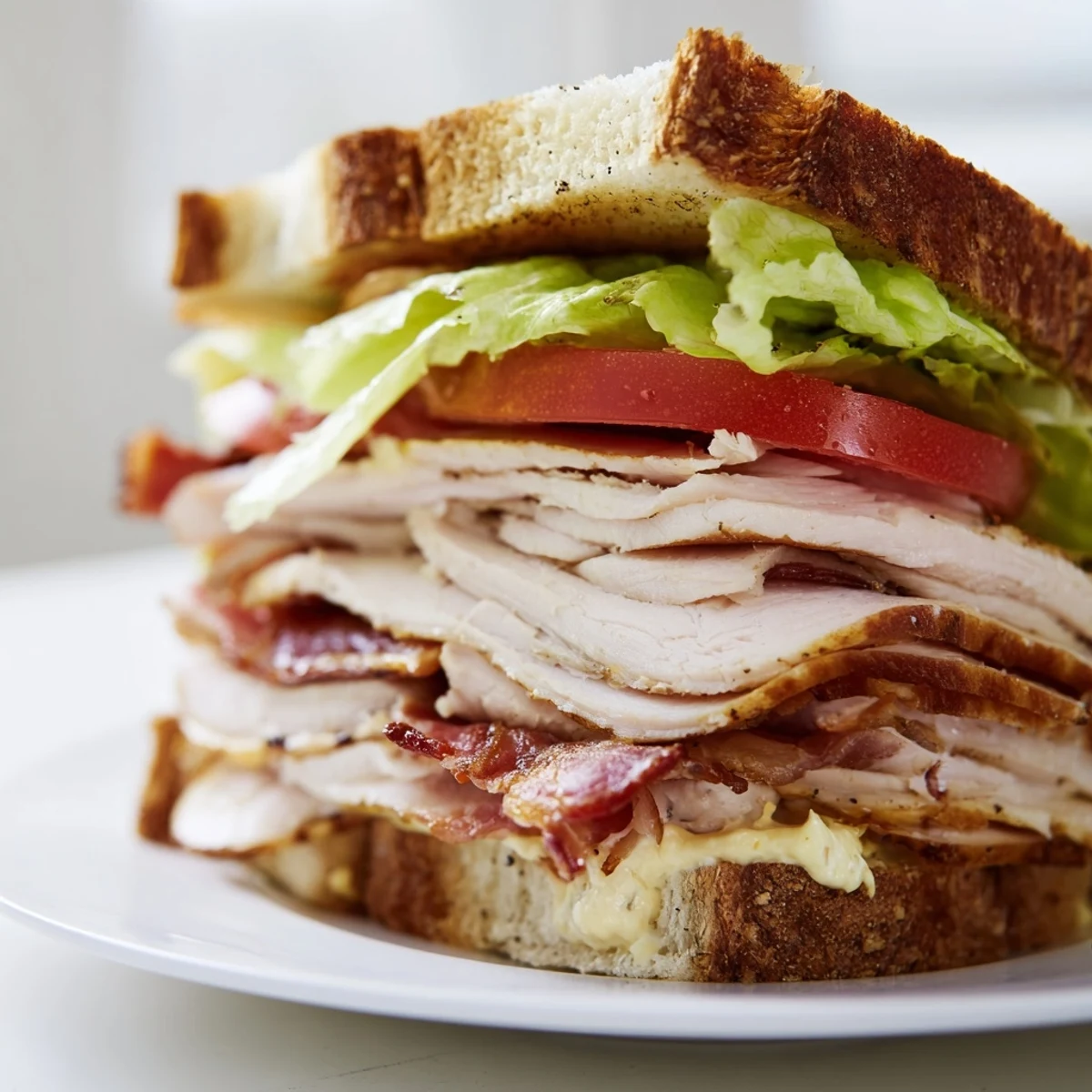 Close-up of a layered Turkey Club Sandwich with Beef Bacon, showcasing melted mayo and fresh, crisp vegetables.