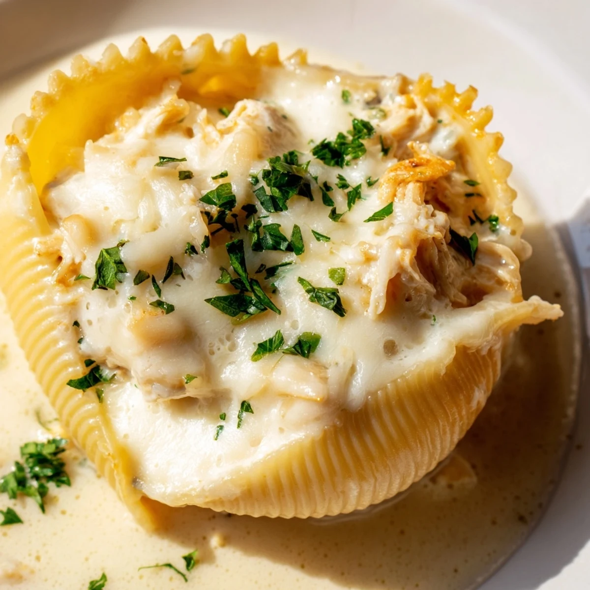Golden-brown, bubbling cheese melts over Chicken Alfredo Stuffed Shells fresh from the oven in a ceramic baking dish.