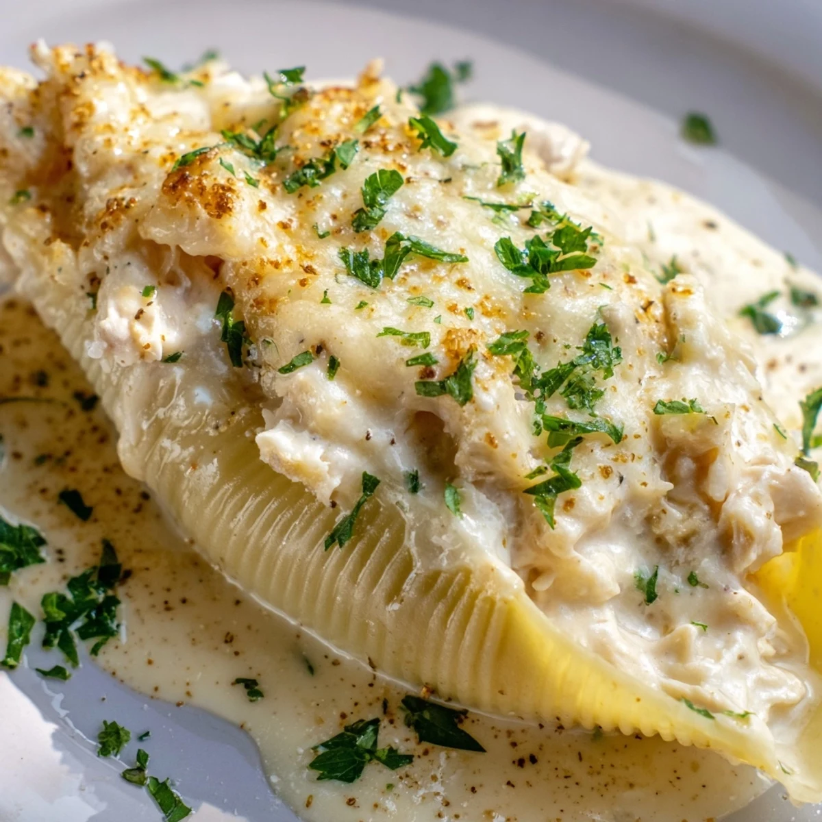 Creamy ricotta and tender shredded chicken stuffed inside jumbo pasta shells, coated in rich Alfredo sauce.