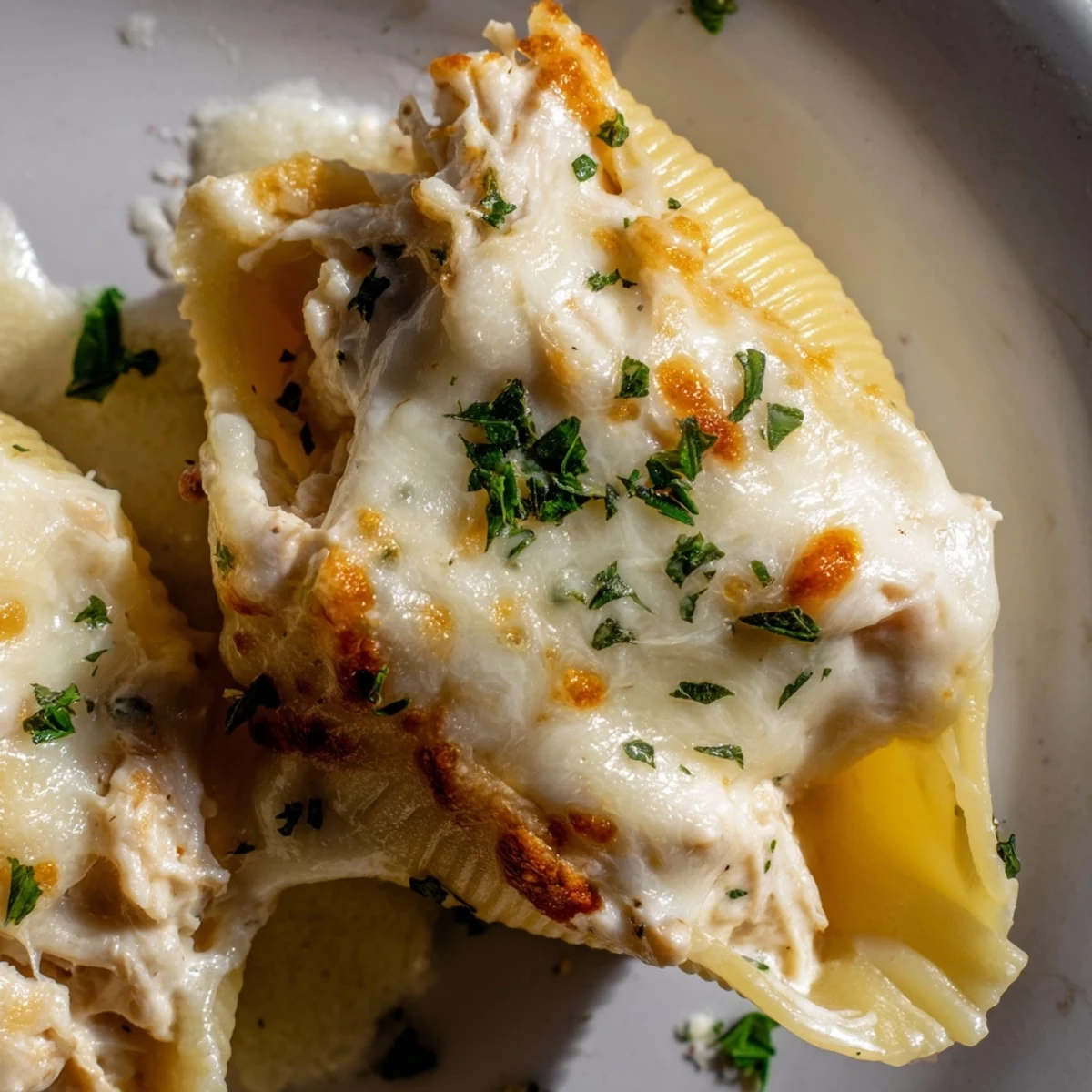 Serve Chicken Alfredo Stuffed Shells with fresh parsley and a side salad for a comforting Italian-American dinner.