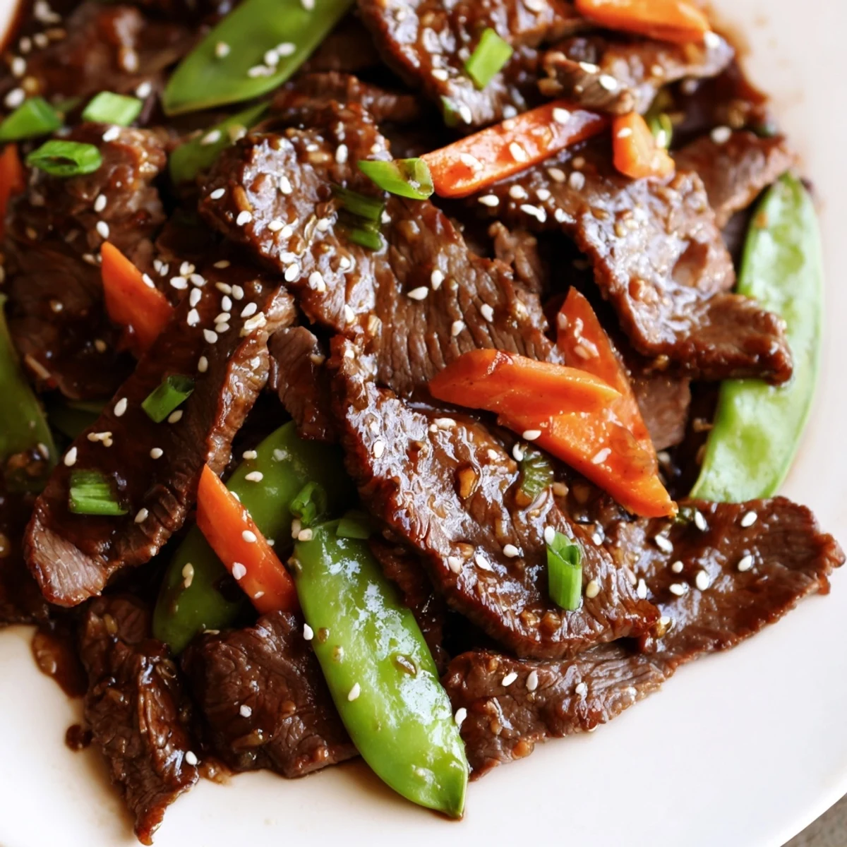Close-up of Beef Stir Fry with Snow Peas and Carrots, piled high over fluffy white rice with toasted sesame seeds for garnish.