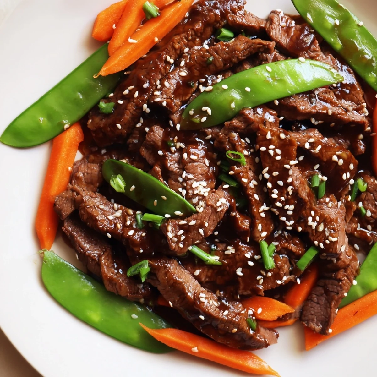 A hot wok of Beef Stir Fry with Snow Peas and Carrots, featuring seared beef strips and vibrant red bell pepper slices.