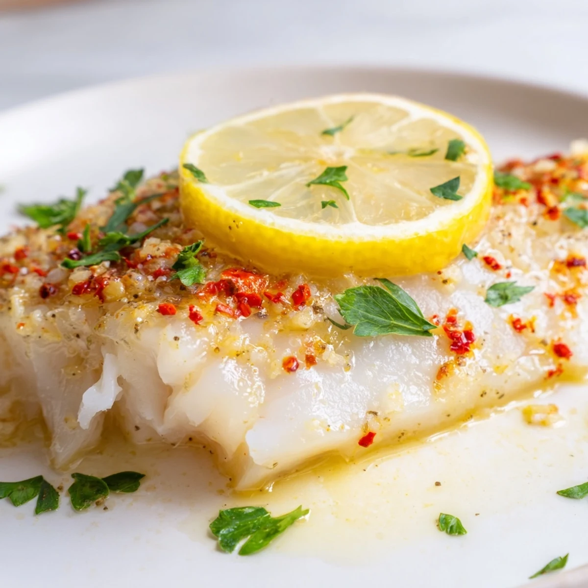 Perfectly baked cod fillet with garlic and herbs, served alongside steamed green beans and fluffy rice.