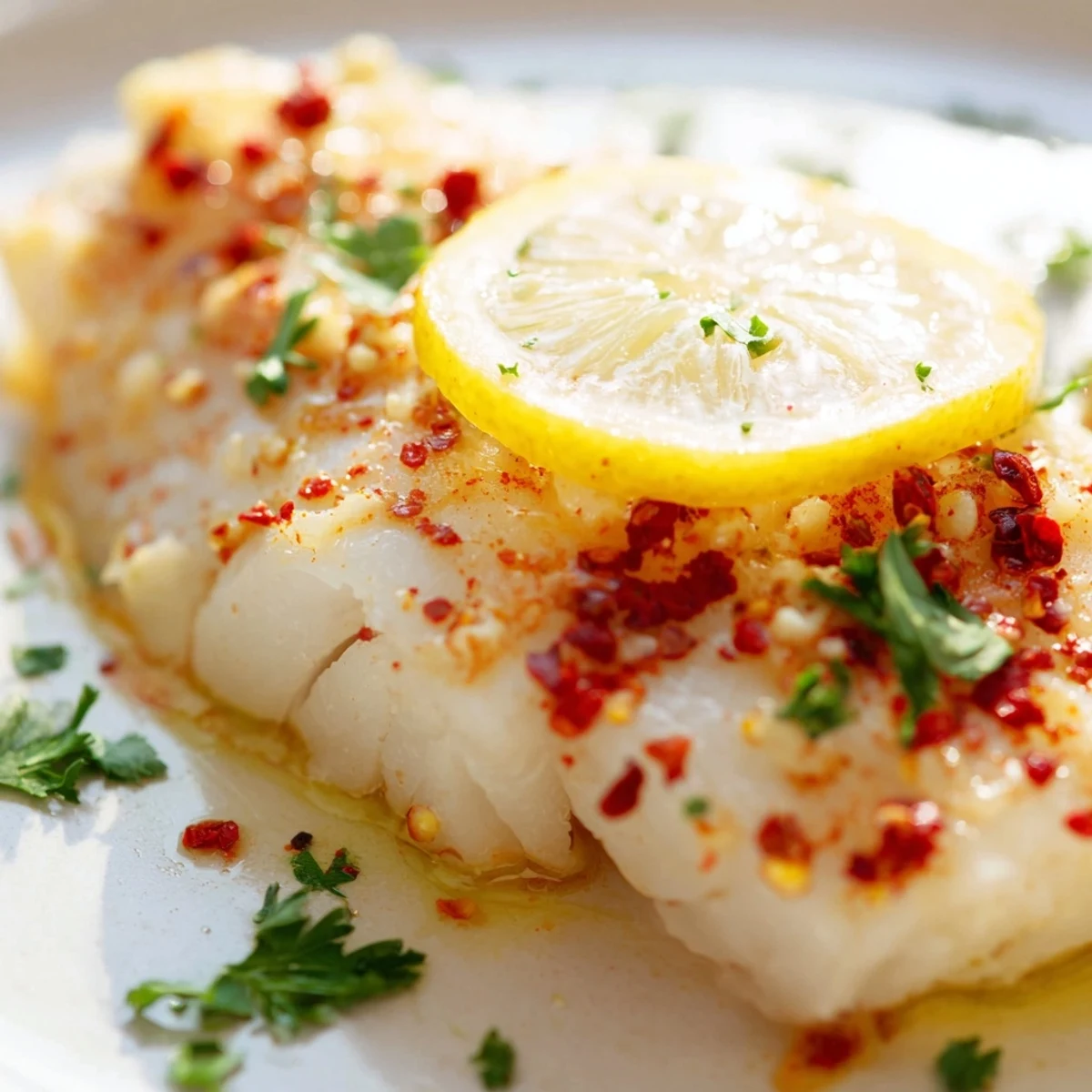 Golden-brown baked cod fillet topped with lemon slices and fresh parsley, flaking easily on a baking sheet.