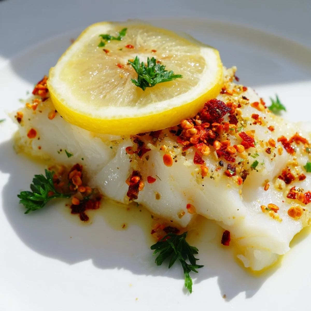 Flaky, oven-baked cod fillet garnished with fresh parsley and lemon, resting on a white ceramic plate.