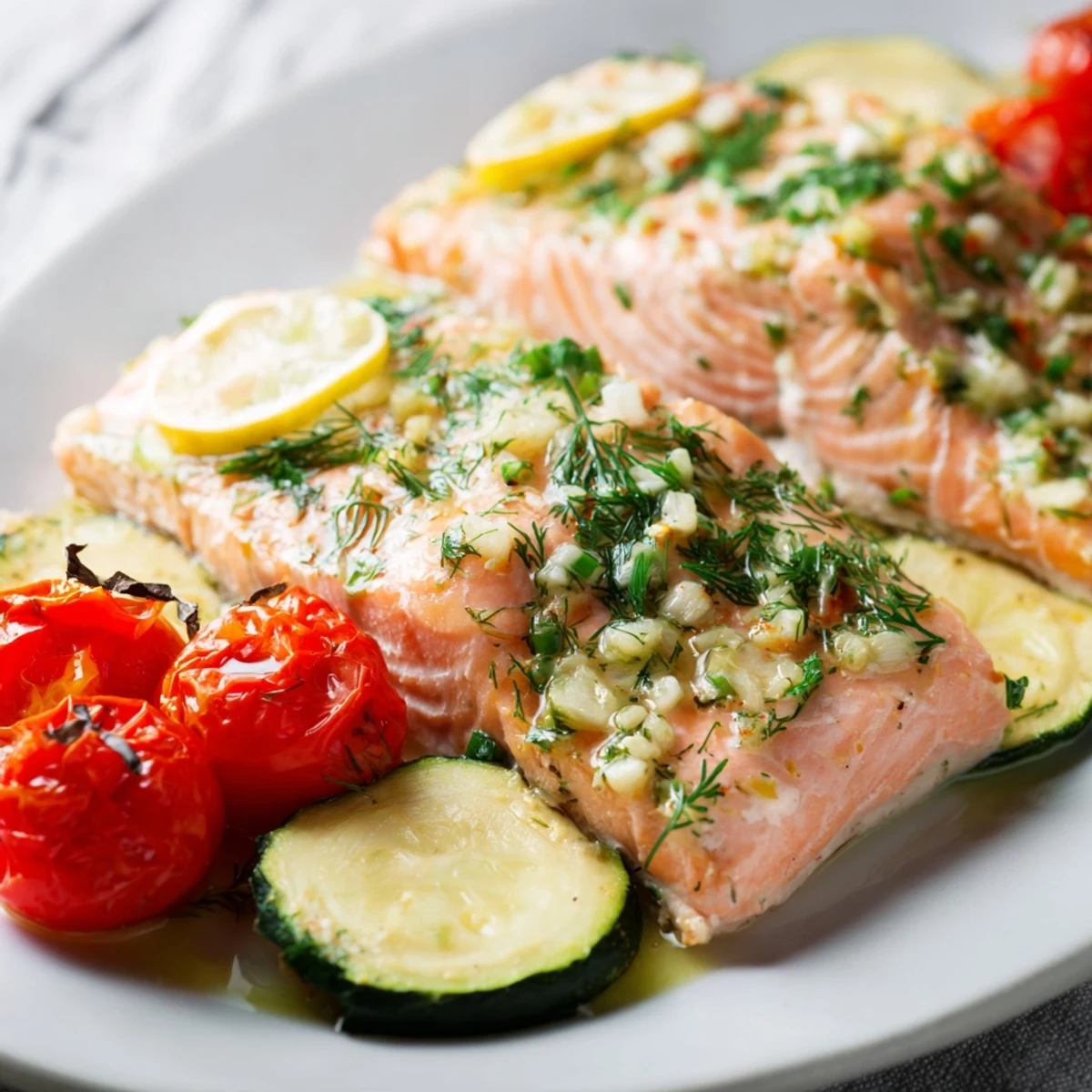 Tender, flaky salmon seasoned with garlic and dill rests beside roasted cherry tomatoes, zucchini, and red onion on a platter.