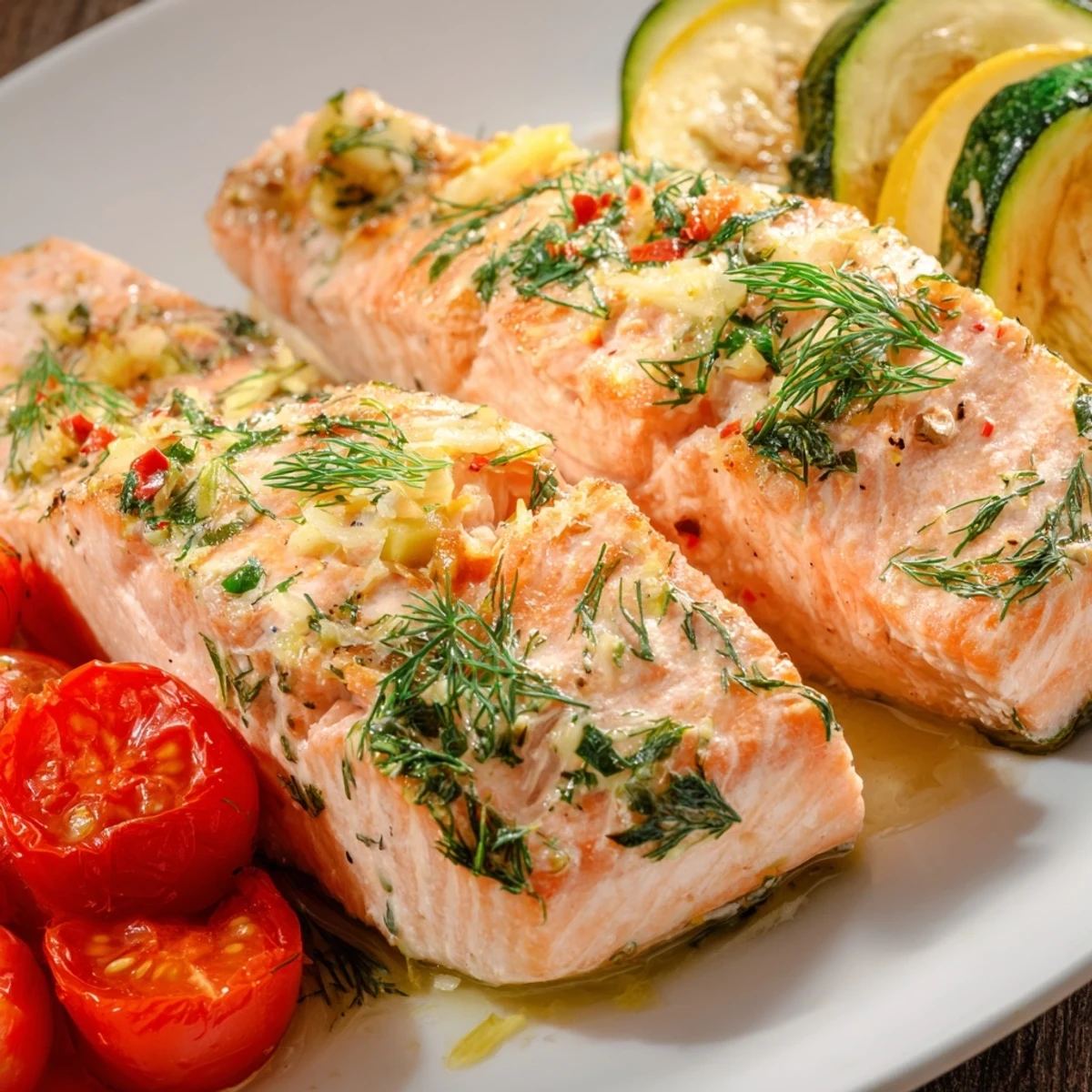 A healthy, gluten-free baked salmon platter ready to serve with lemon wedges and fresh herbs for a family dinner.