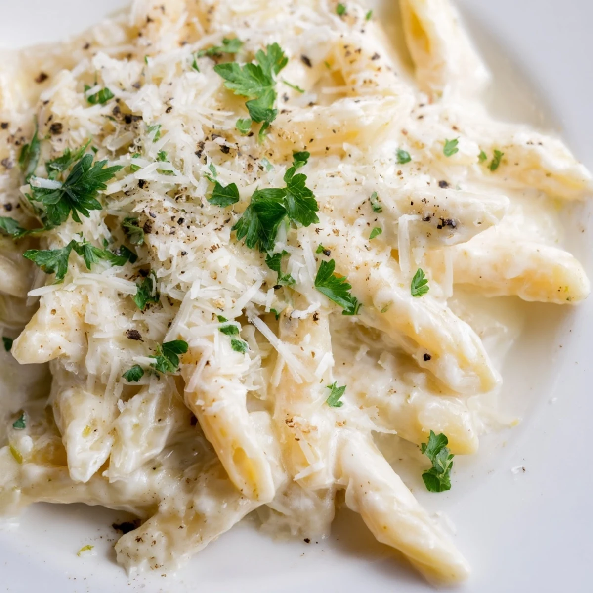 Golden, creamy Parmesan sauce coats steaming penne pasta in a skillet, garnished with fresh parsley for a quick Italian dinner.