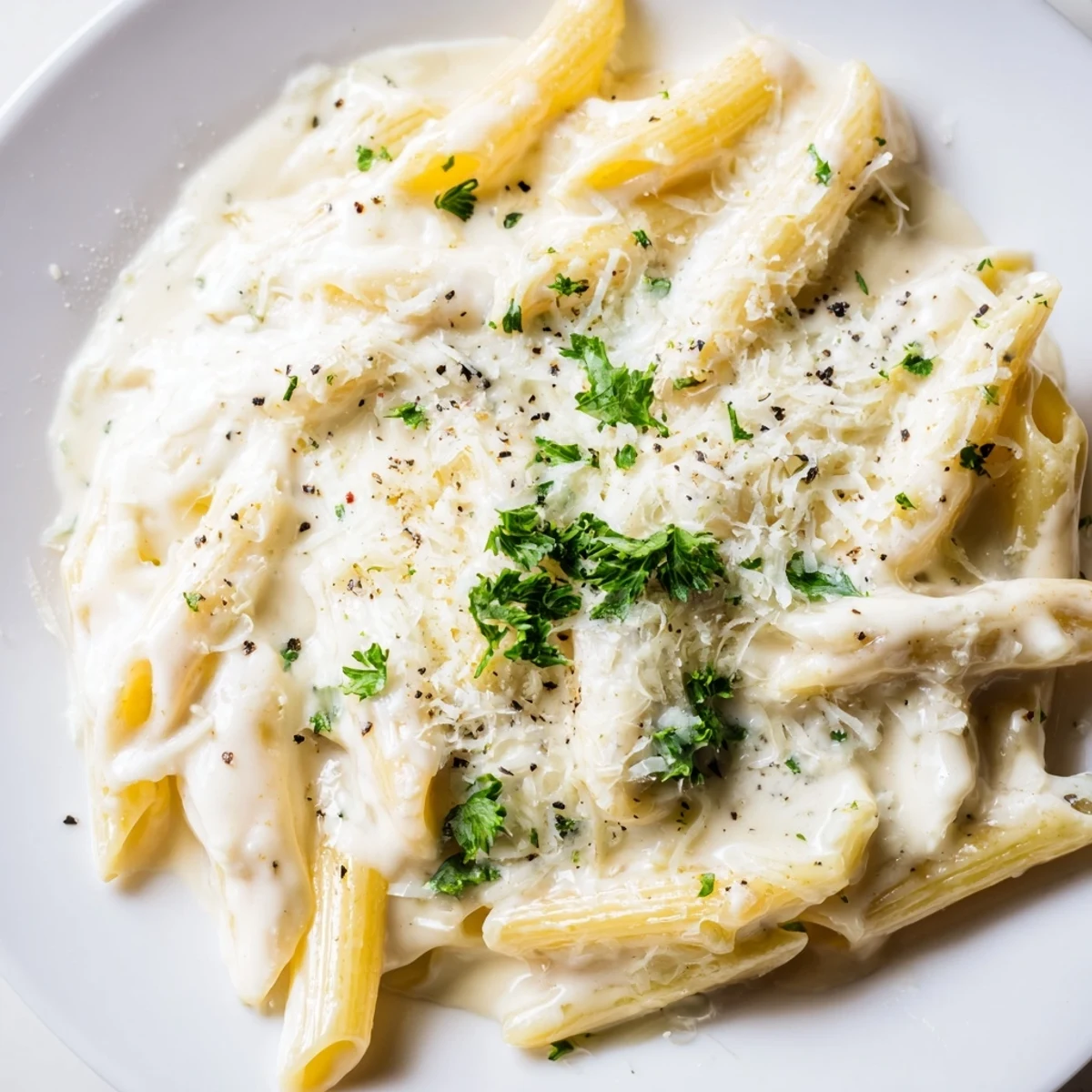 Close-up of velvety Creamy Dish Pasta with grated Parmesan and parsley, ready to serve with white wine on the side.