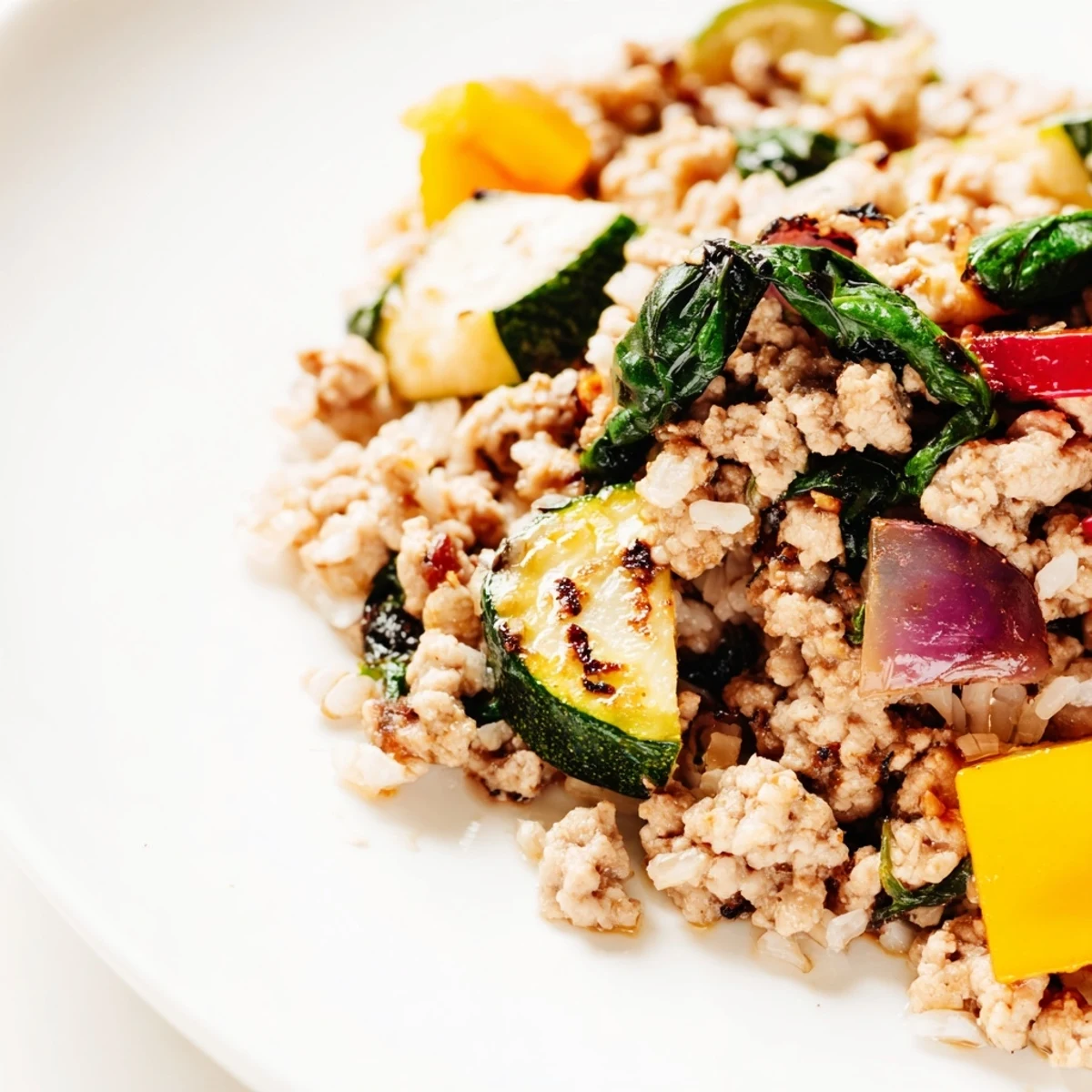 Golden roasted vegetables and savory lean ground turkey with brown rice packed into a glass meal prep container.