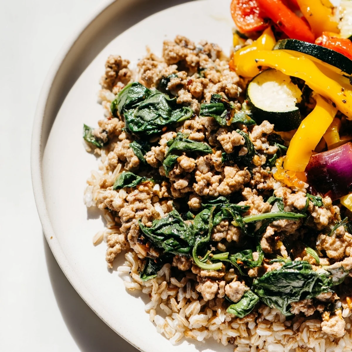 Healthy turkey meal prep with wilted spinach, roasted veggies, and brown rice for a balanced high-protein dinner.