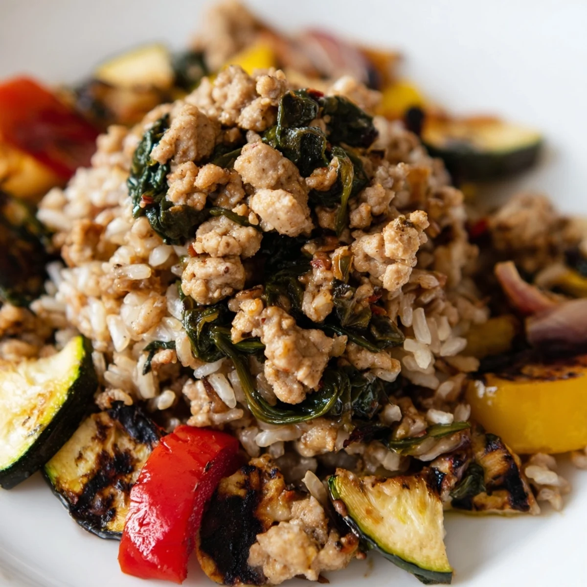 Spoonful of colorful zucchini, bell peppers, and ground turkey with brown rice, ready for quick lunches or dinners.