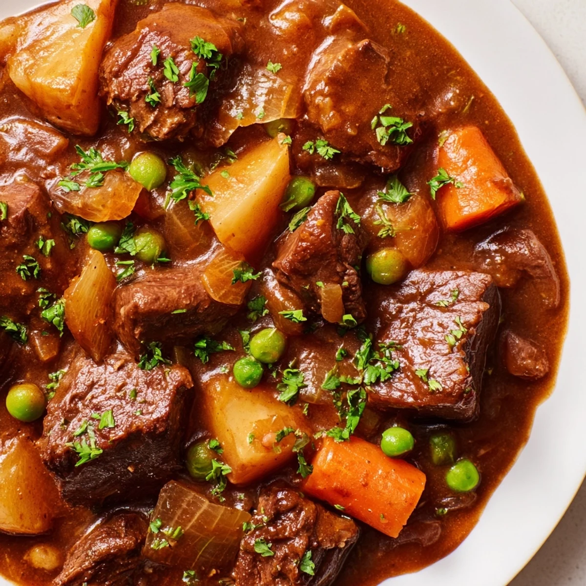 Golden brown Beef Dish Casserole bubbling in a Dutch oven, filled with carrots, potatoes, and peas.