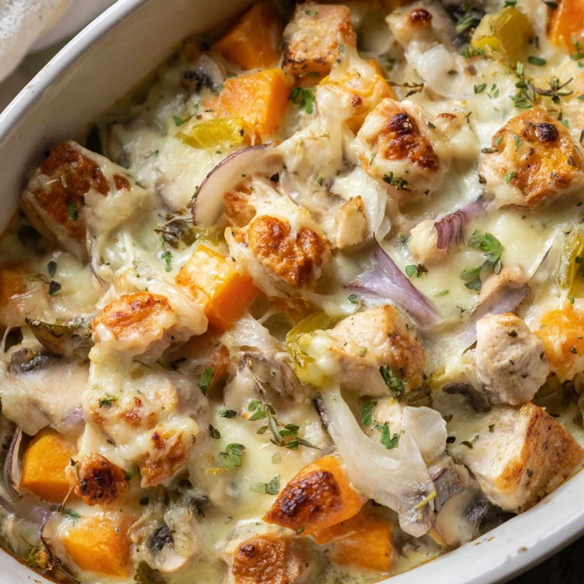 Spoon serving Winter Dish Casserole onto plates, revealing cheesy topping and vibrant carrots, parsnips, and squash inside.