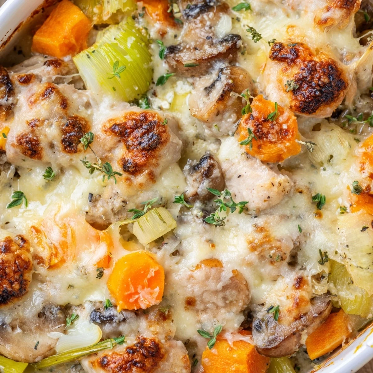 Golden-brown Winter Dish Casserole bubbling with creamy sauce, tender chicken, and roasted root vegetables, fresh from the oven.