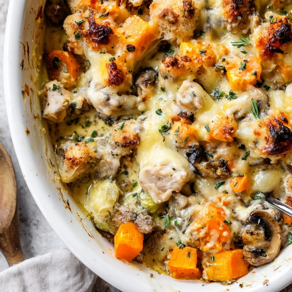 Comforting Winter Dish Casserole with golden cheese crust, served alongside fresh green salad and crusty artisan bread.