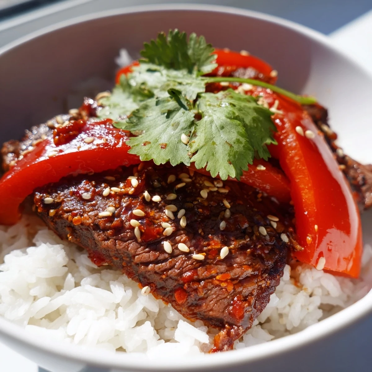 Tender beef strips coated in spicy sauce served over fluffy steamed rice with crisp vegetables in a bowl.